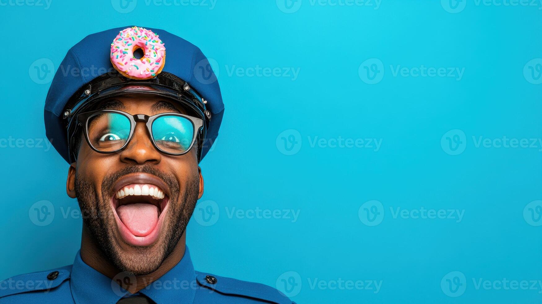 Police officer smiling with oversized glasses and a donut on a bright blue background, showcasing a playful atmosphere and fun character at a community event photo