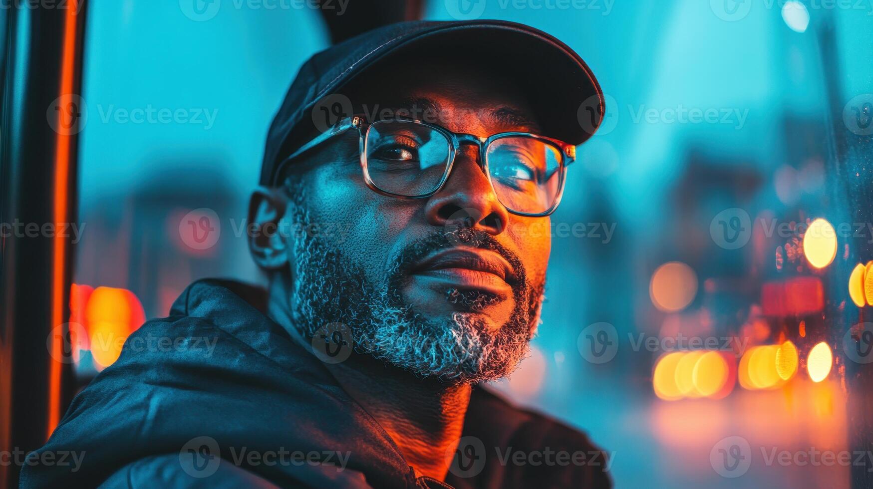 Man with glasses and a cap gazes thoughtfully from a bus window at twilight in a city filled with vibrant lights photo