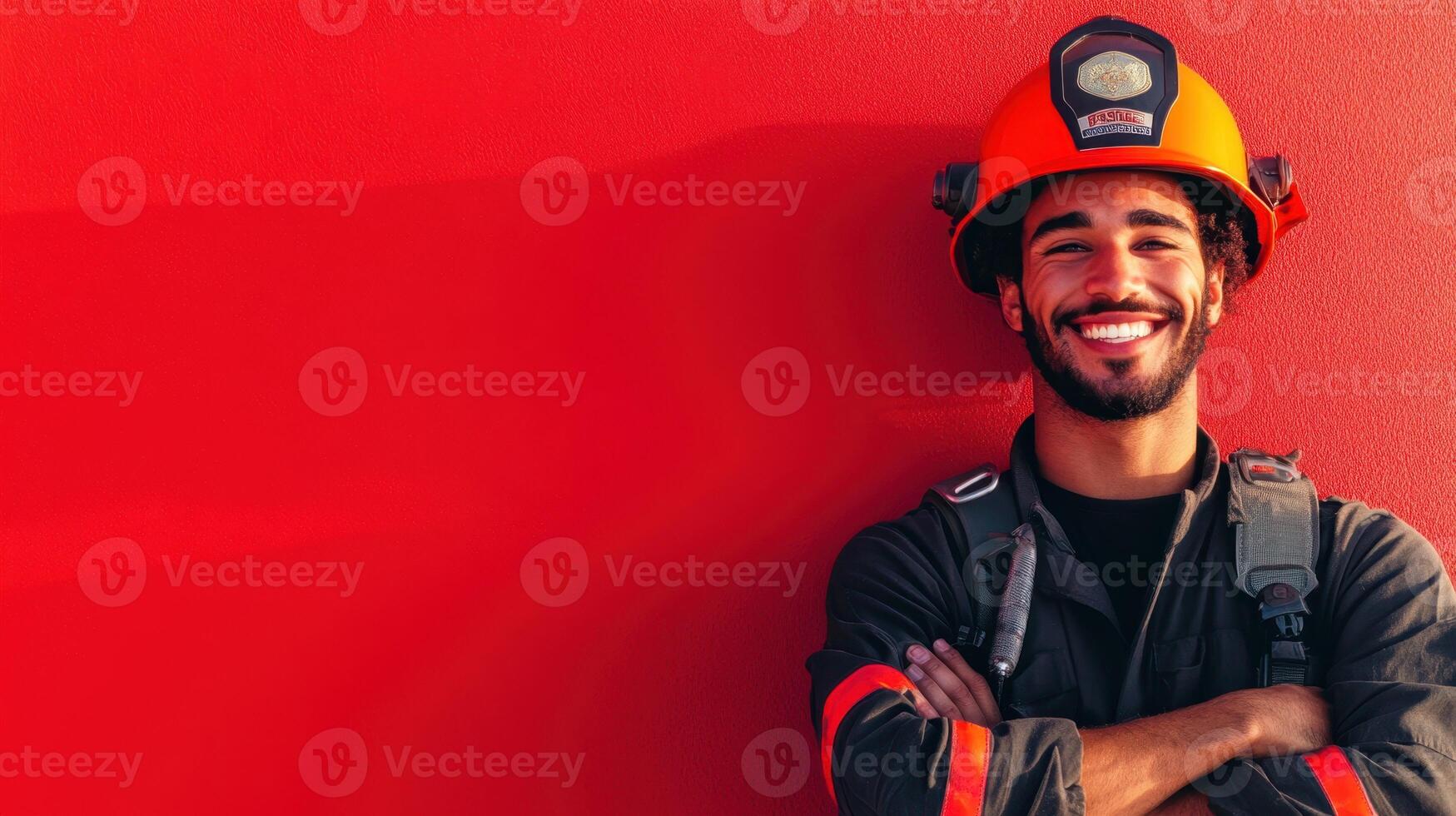Firefighter smiling confidently against a bright red wall during daylight at a training facility displaying teamwork and dedication to safety photo
