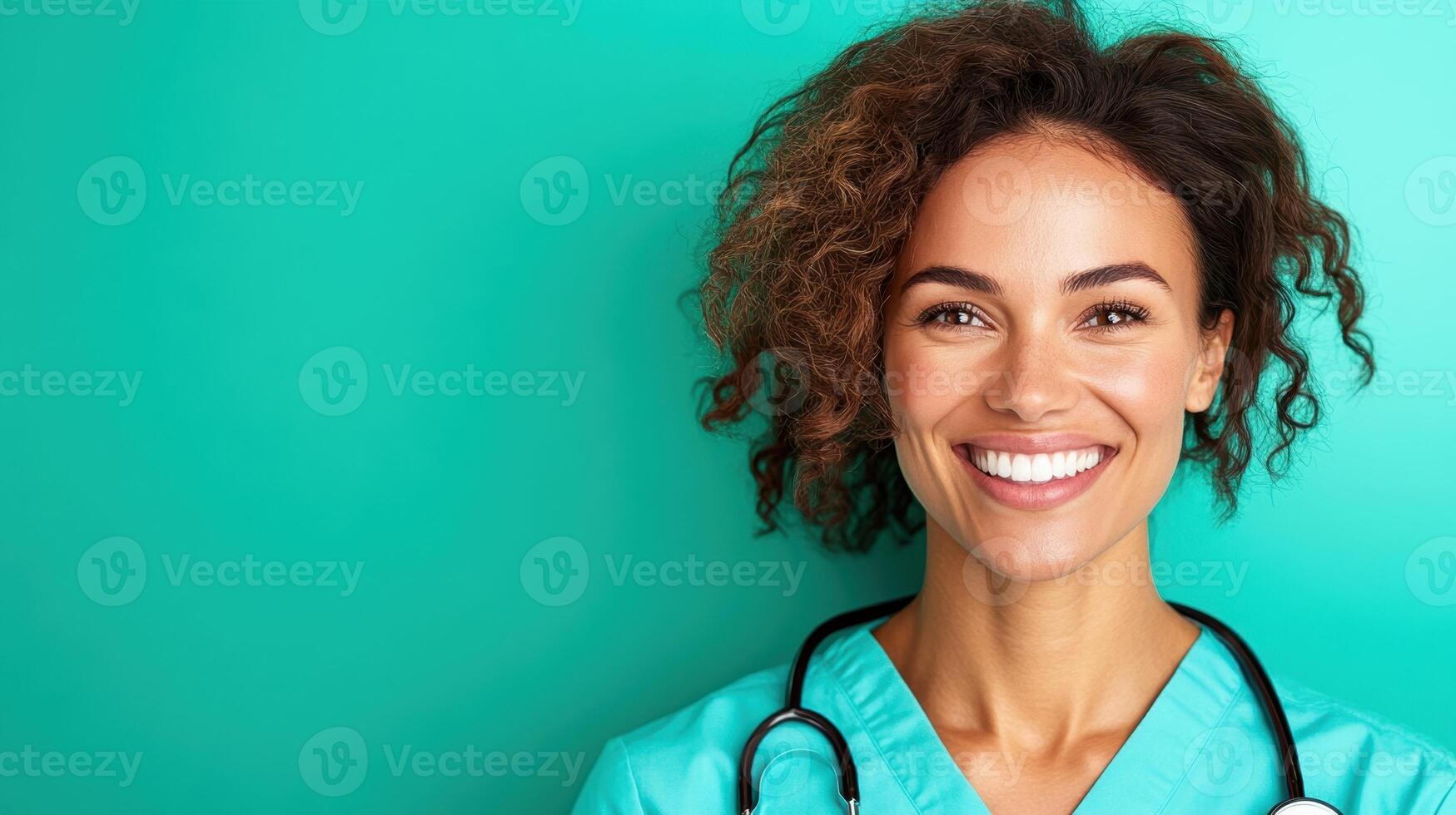 Smiling healthcare professional in scrubs with stethoscope against a vibrant green background photo