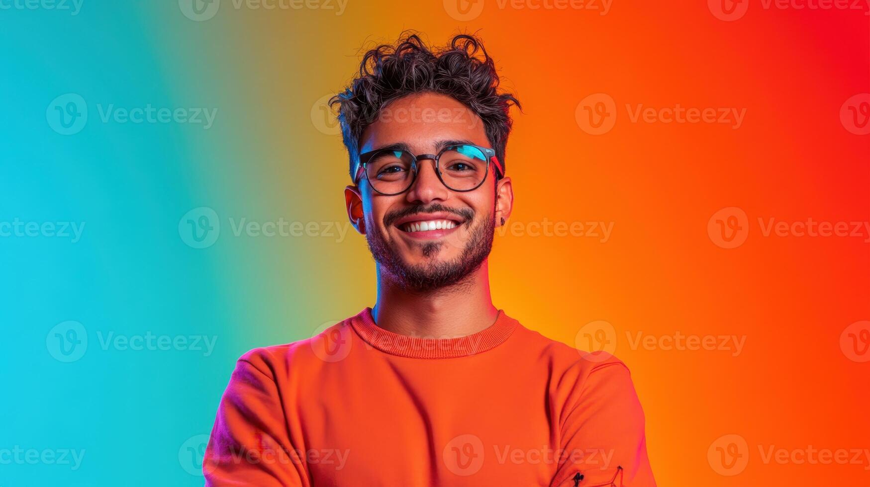 Young man with curly hair and glasses smiles confidently against a vibrant colored background during a creative studio session in the evening photo