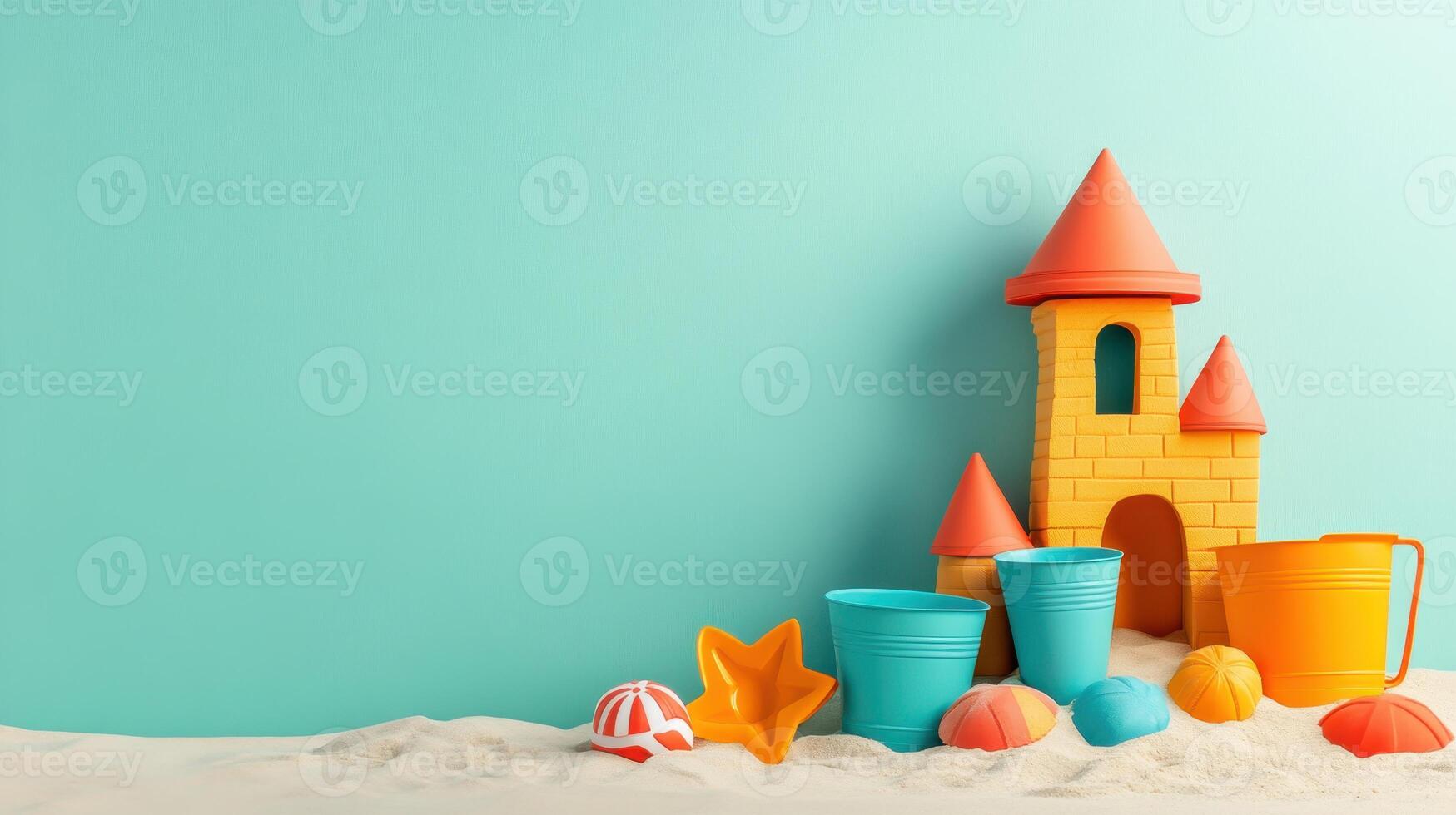 Colorful sandcastle set against a light blue background featuring beach toys and accessories ready for a fun summer day at the beach photo