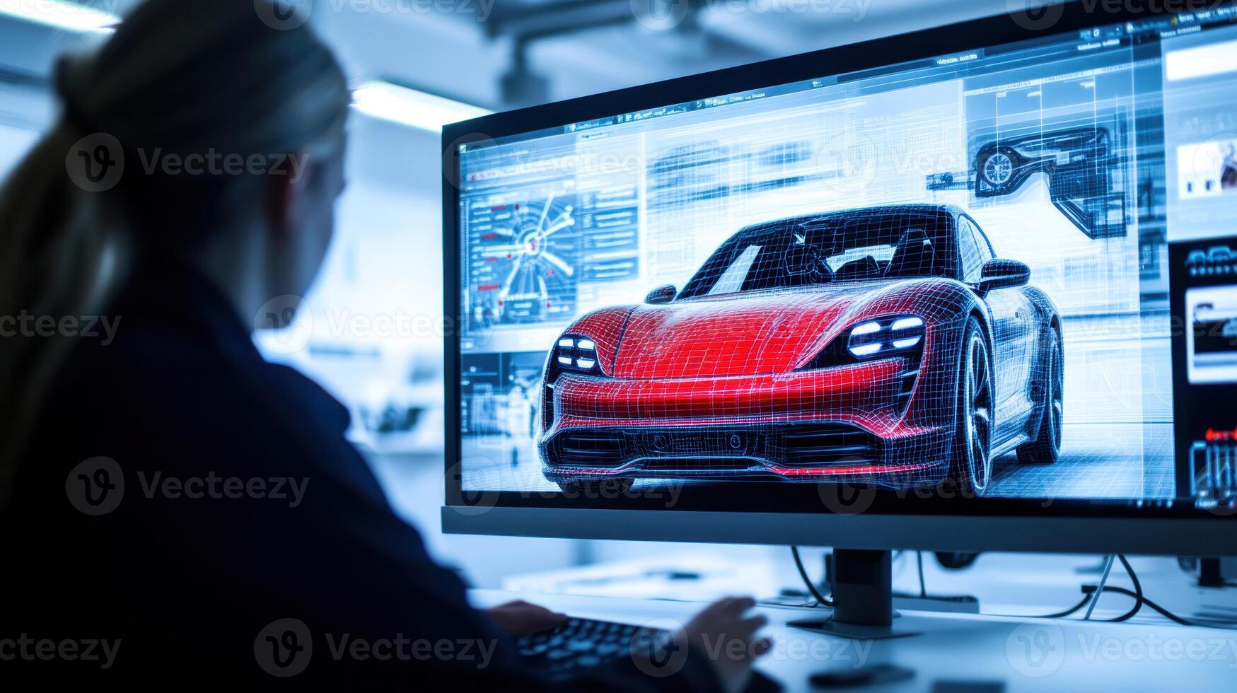 Working on car design using advanced technology to create a modern vehicle in a high-tech studio environment at a design facility during day time photo