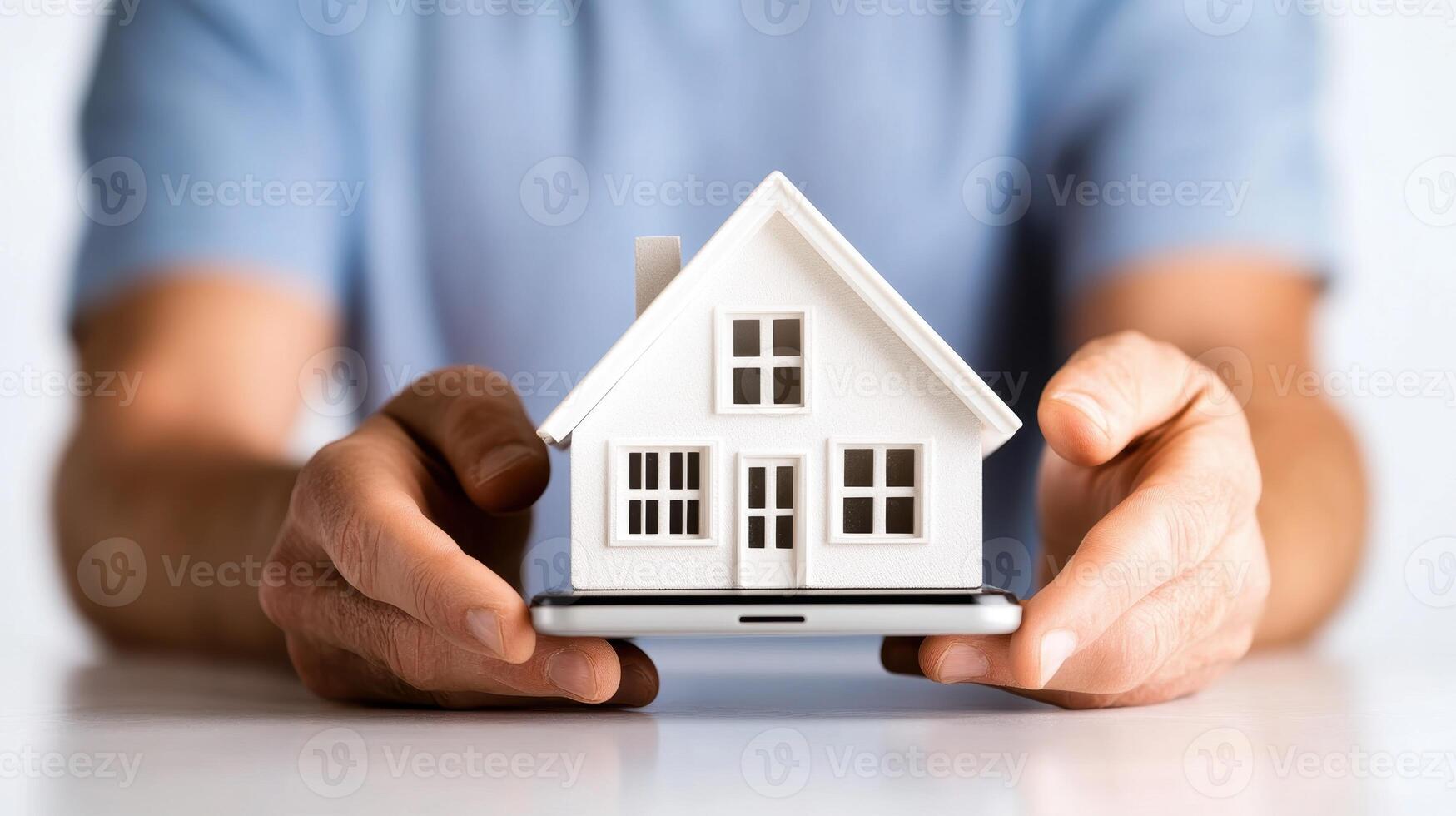 Miniature house held by person over smartphone showcasing digital real estate interaction in a modern setting photo