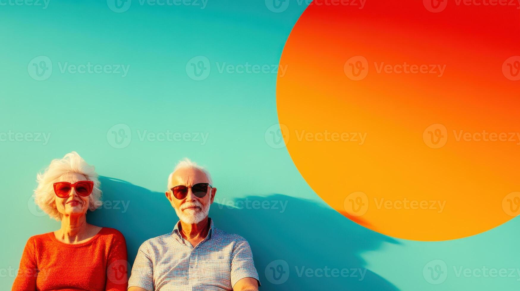 Seniors enjoying a vibrant afternoon against a colorful wall with large sun shape in a lively urban setting photo