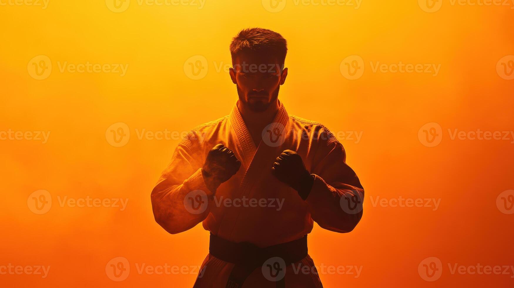 Martial artist prepares for a competition in a dramatic orange haze during a nighttime performance photo