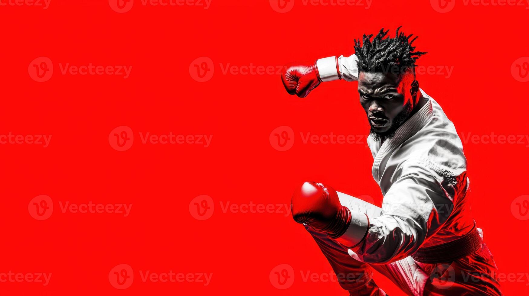 Dynamic boxer displays powerful stance against vibrant red background during training session in a gym in the evening for improved agility and strength development photo