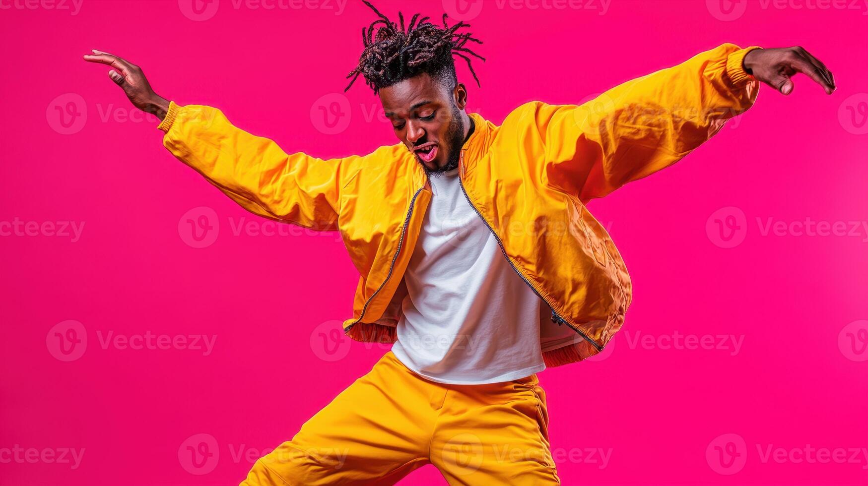 Energetic dancer performs with enthusiasm against a vibrant pink background during a lively urban dance session photo