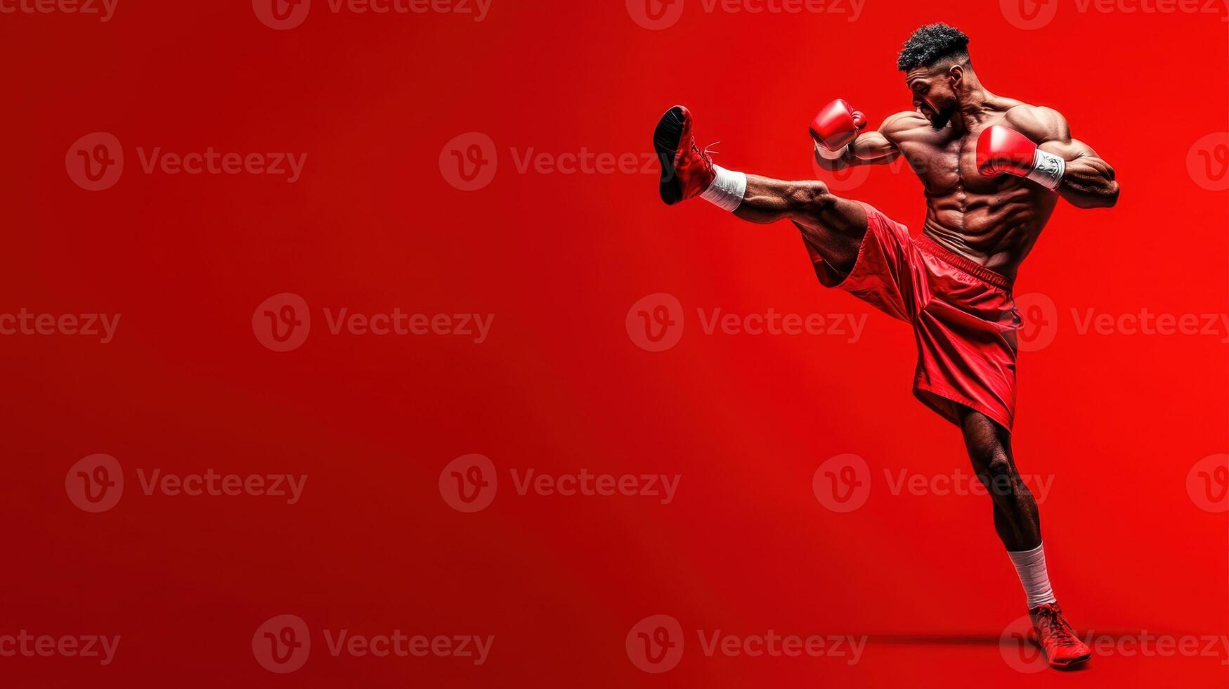 Dynamic boxer executing a powerful kick in a training session against an intense red backdrop photo