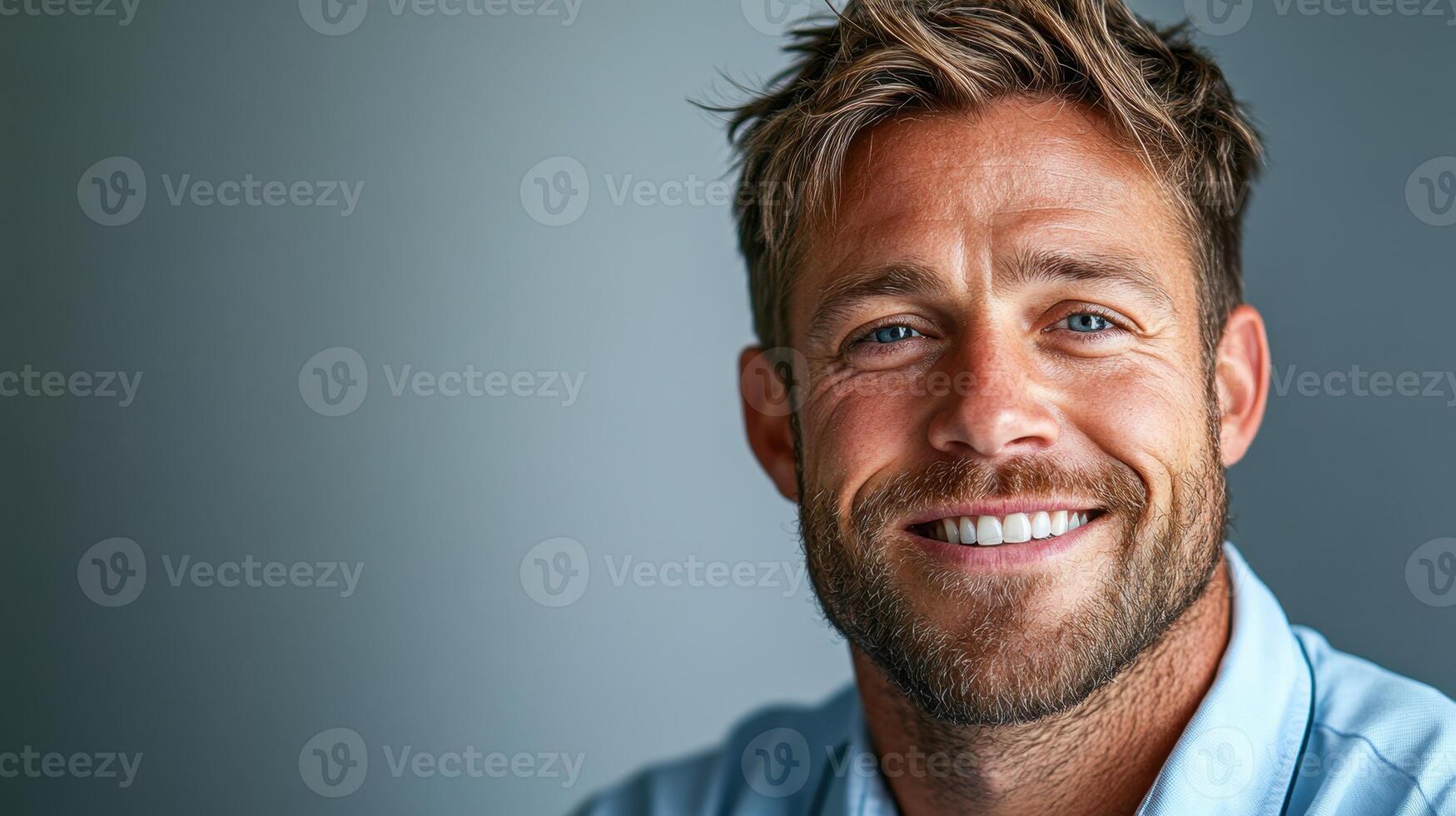 Smiling man with light hair and beard showcasing happiness in a softly lit indoor environment during a casual moment photo