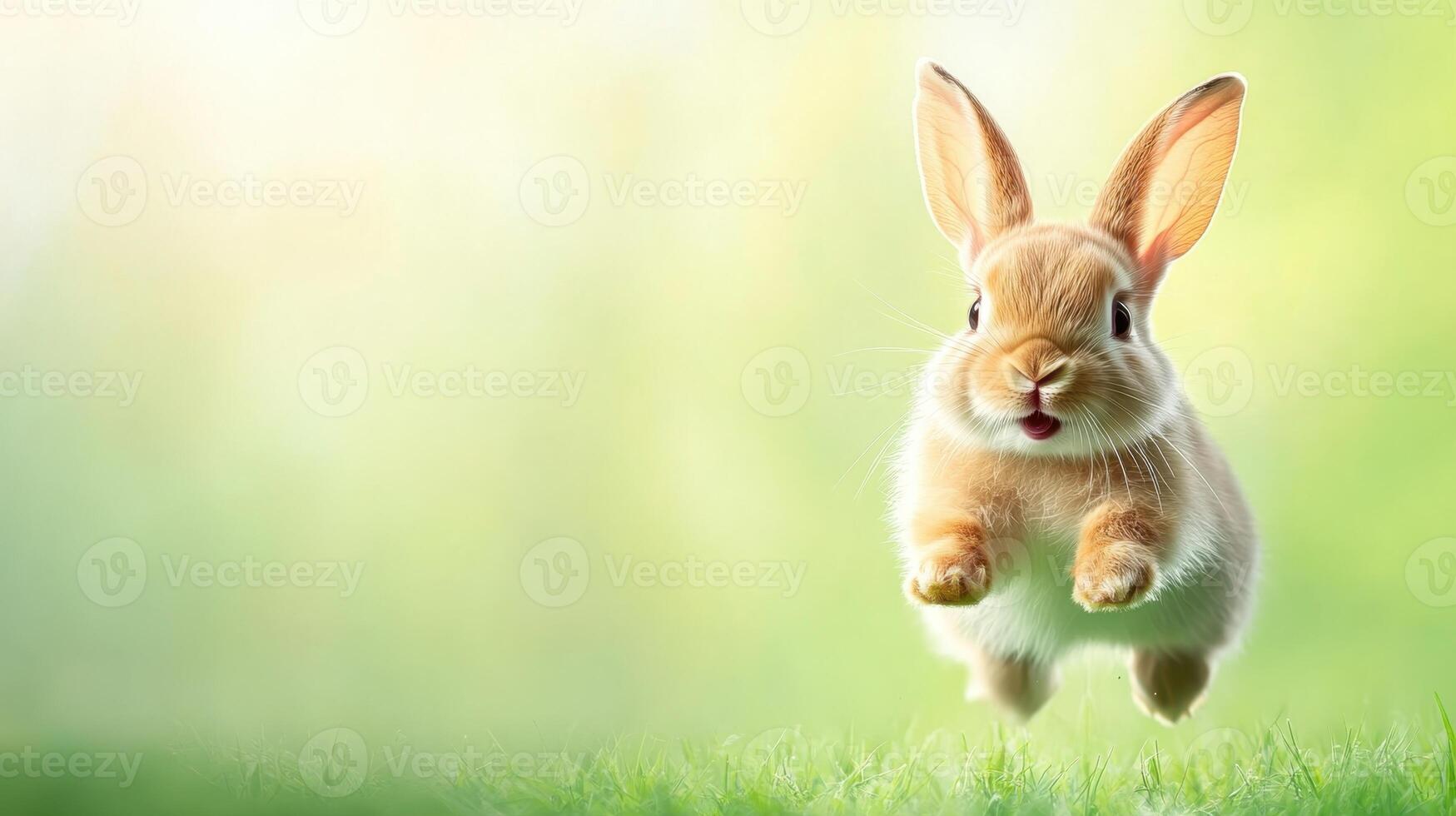 Young rabbit leaps joyfully across a sunlit meadow surrounded by soft grass and blurred greenery during a bright afternoon photo