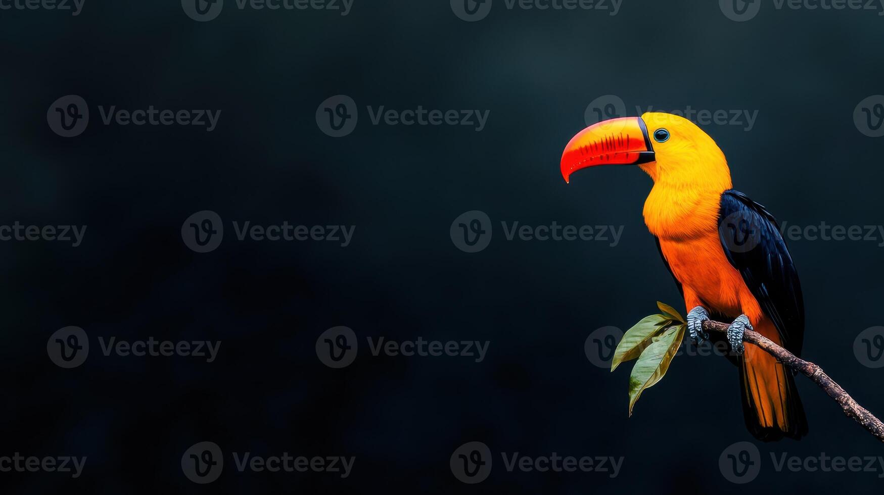 Colorful toucan perched on a branch with dark background in a tropical forest environment during midday sun photo