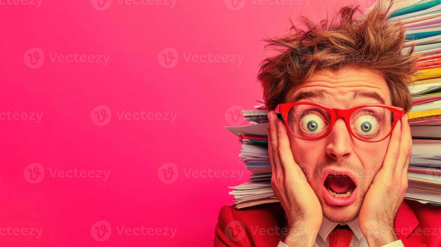 Frustrated young man surrounded by office paperwork expressing stress in a vibrant workspace photo
