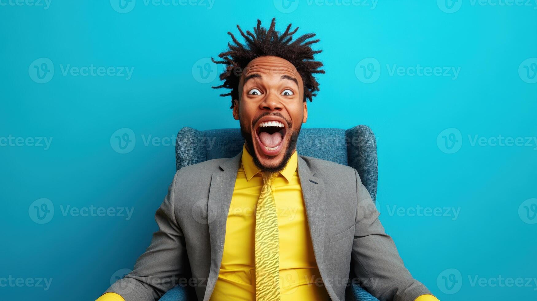 Excited man in a suit with yellow shirt sitting in a blue armchair against a bright background expressing joy and enthusiasm photo