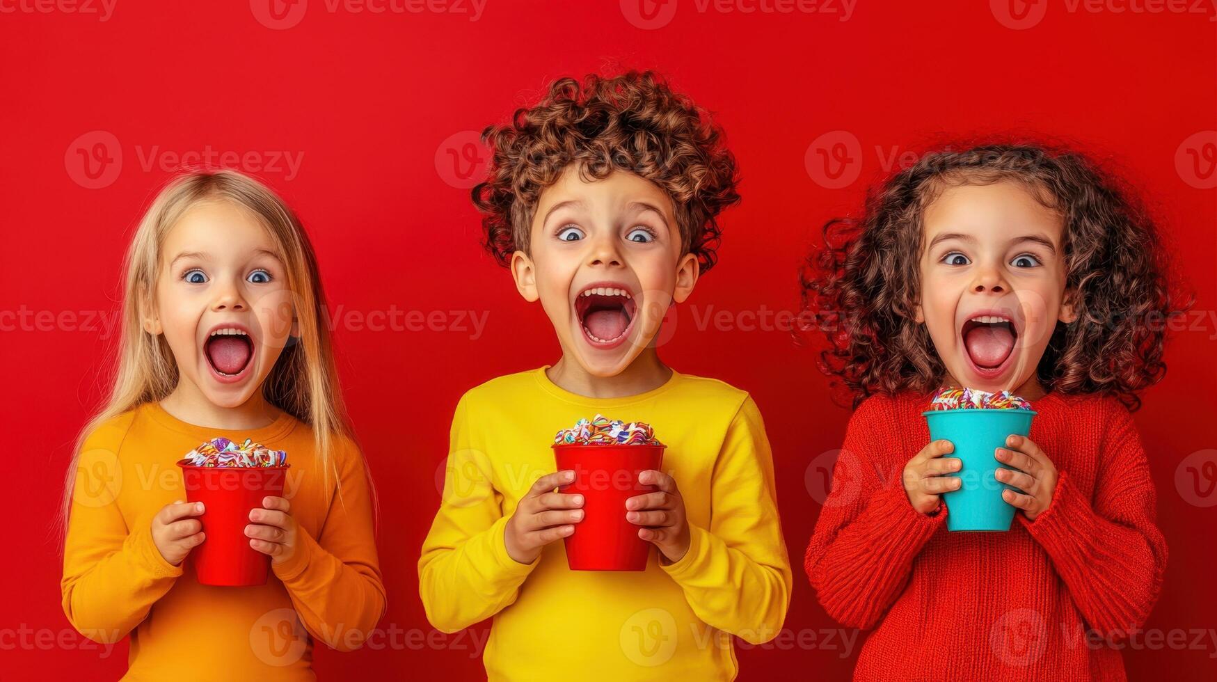 Three excited children joyfully holding colorful cups of treats against a vibrant red background during a cheerful celebration photo