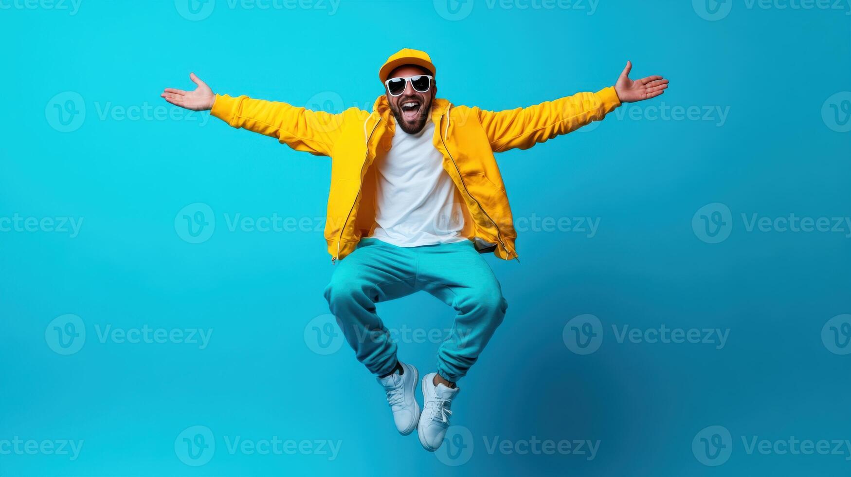 Jumping man dressed in yellow jacket and cap celebrates on bright blue background during daytime with a joyful expression photo