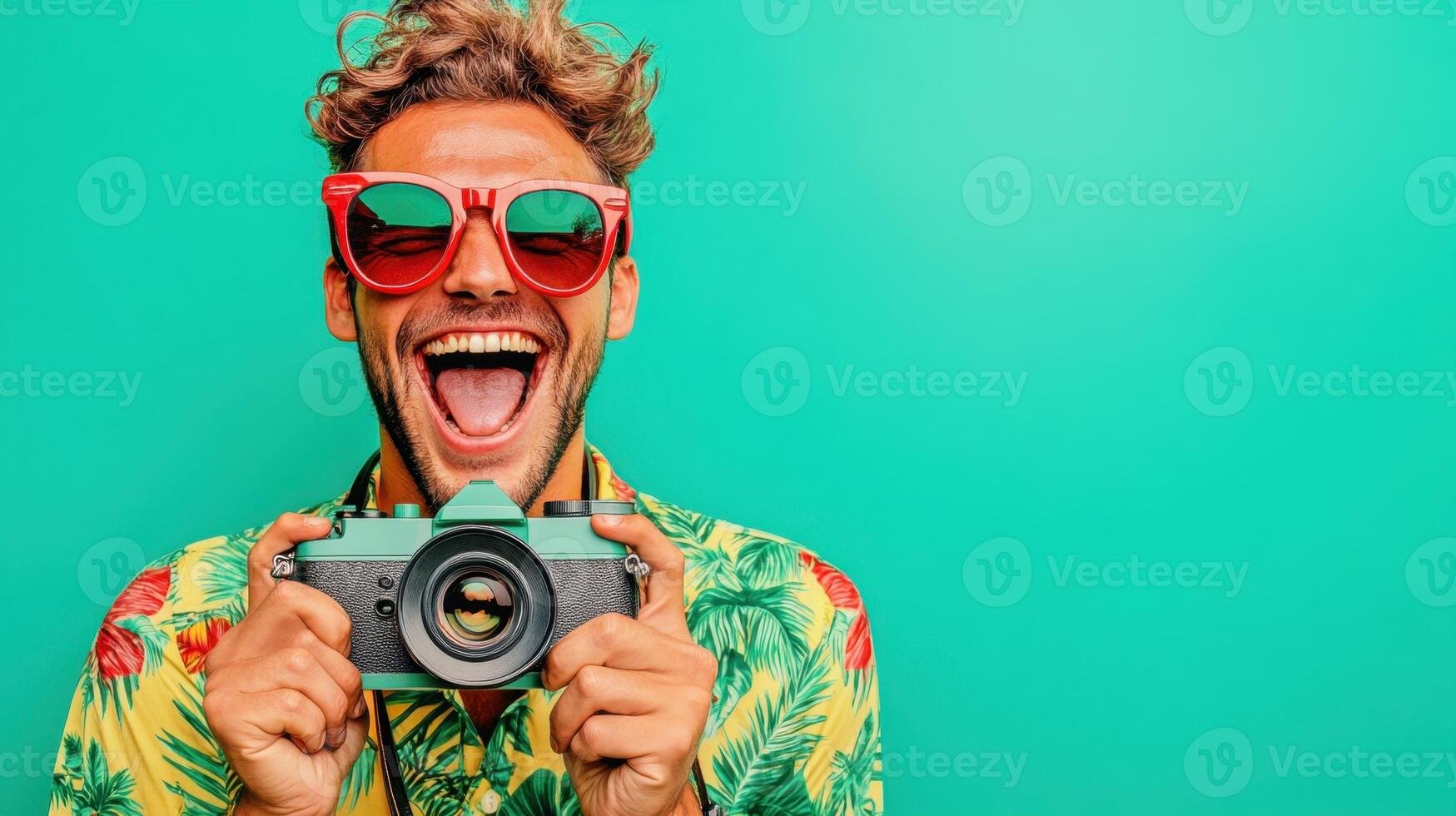 Smiling man in tropical shirt holding camera against bright green background during summer day photo
