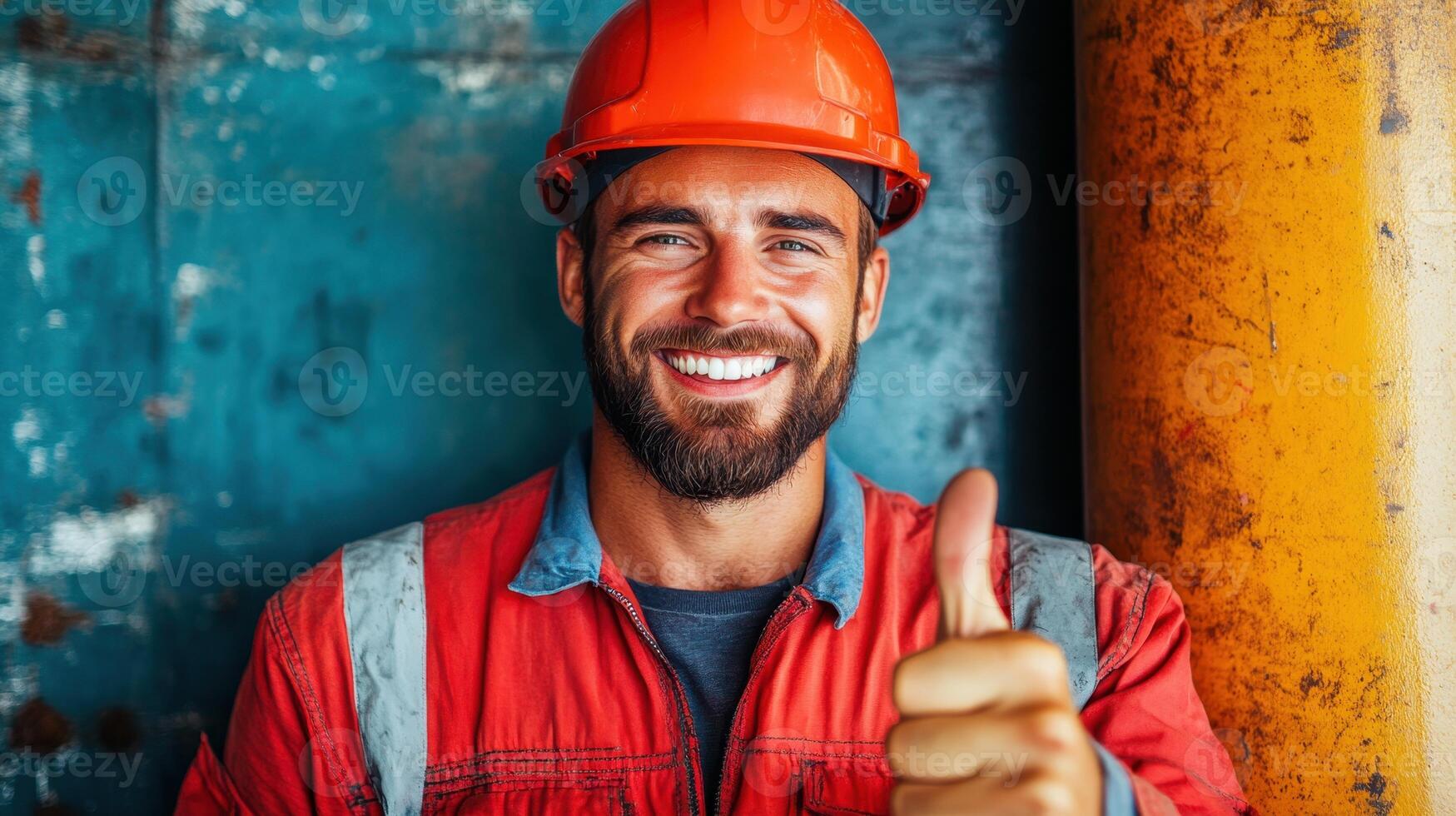 Skilled construction worker smiles and gives thumbs up wearing safety gear at job site during daytime photo