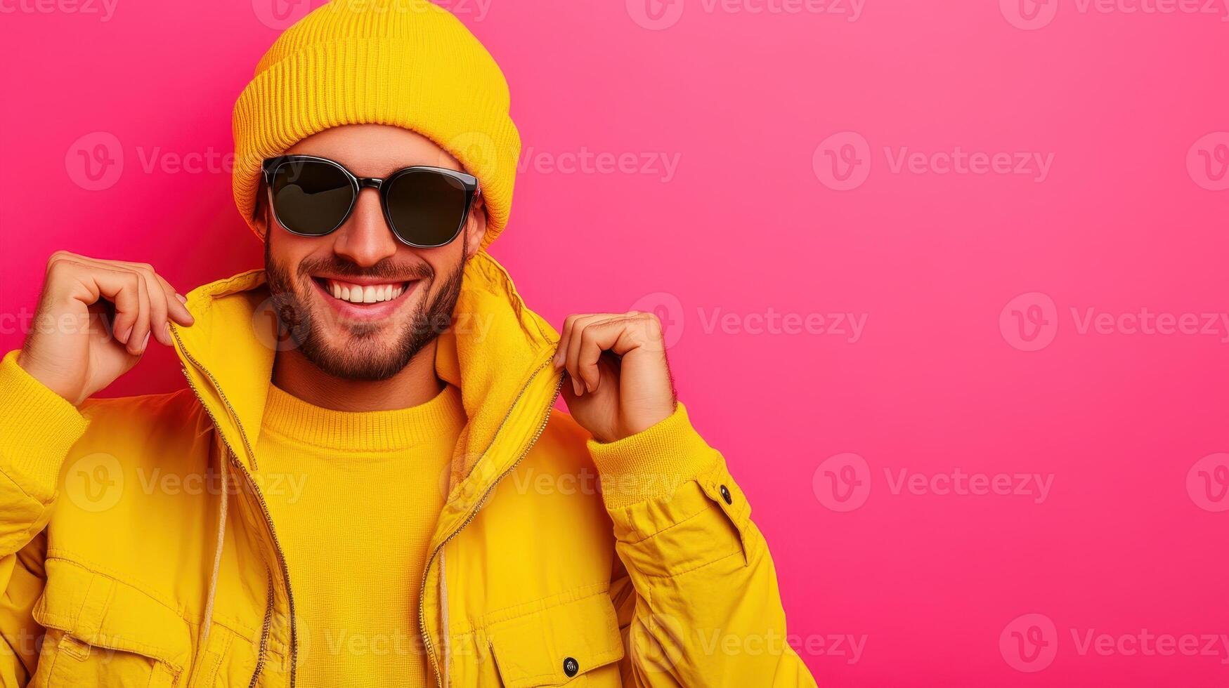 Bright fashion statement made by a man in yellow jacket and beanie against a vibrant pink backdrop at a casual indoor setting photo