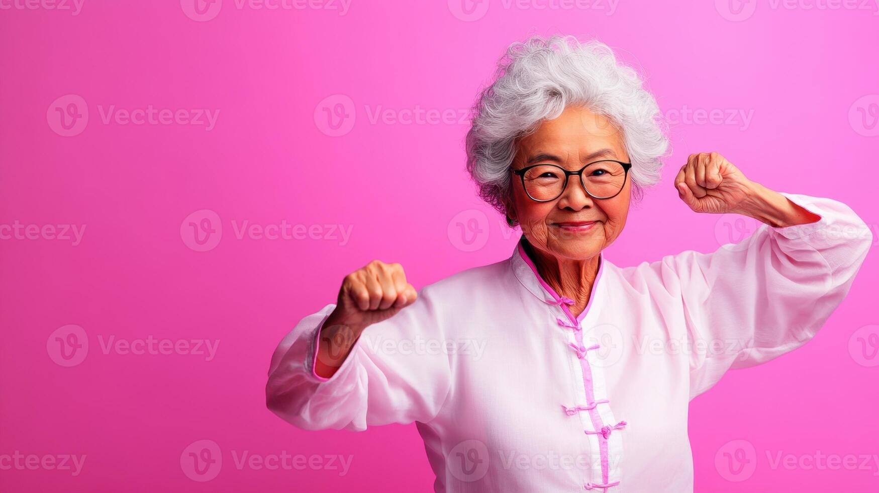 Cheerful elderly woman with glasses celebrates fitness in vibrant pink backdrop during a wellness event in the afternoon light photo