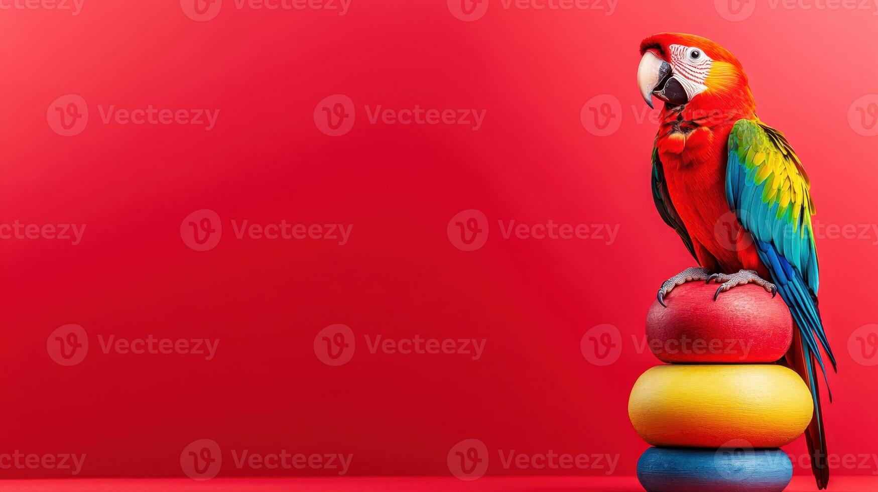 Vibrant parrot perched on colorful ring stack against a bright red background, showcasing its feathers in a lively indoor setting photo