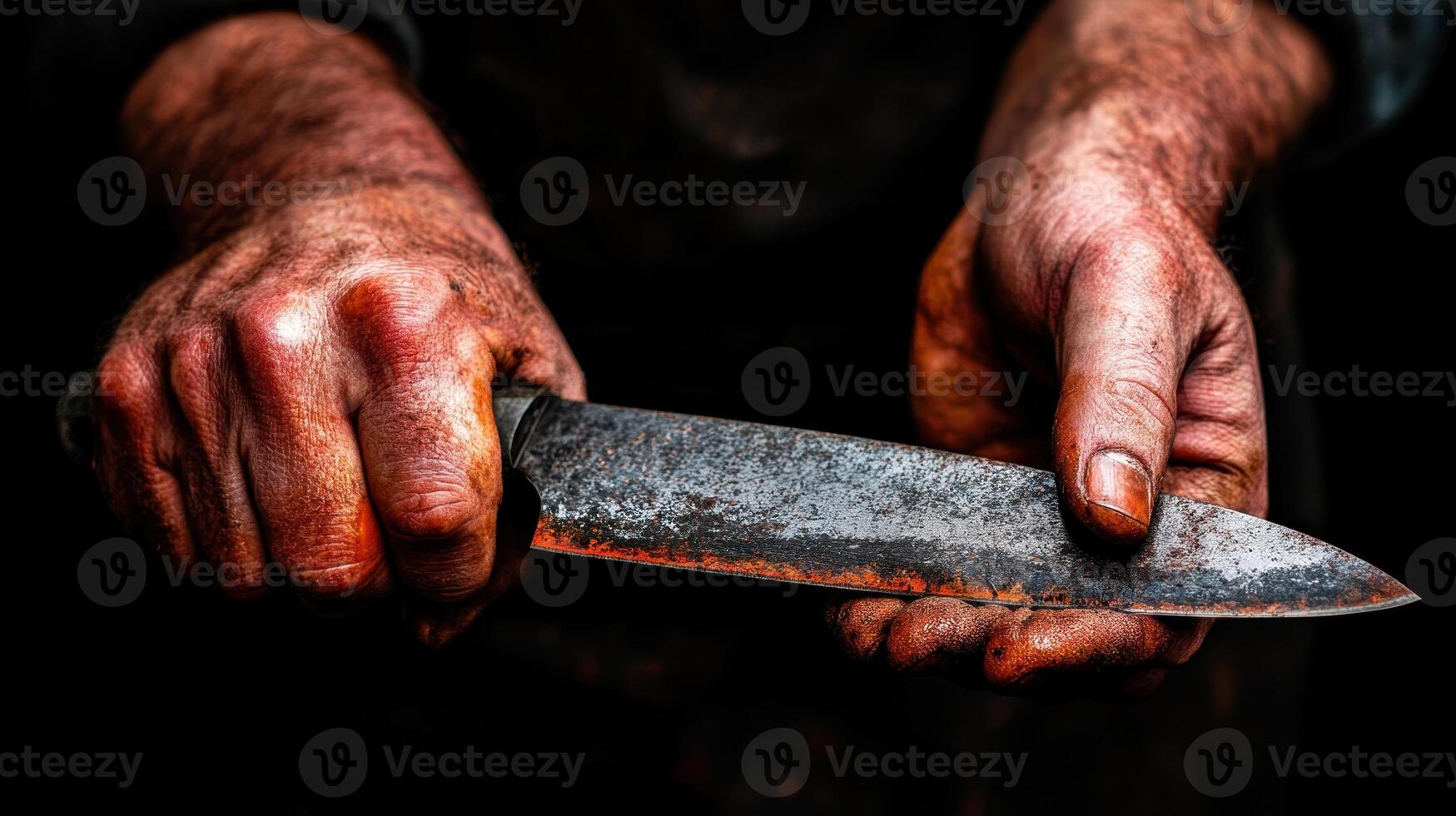 Hands gripping a rusty knife with stained fingers in a dimly lit workspace showcasing craftsmanship and wear photo