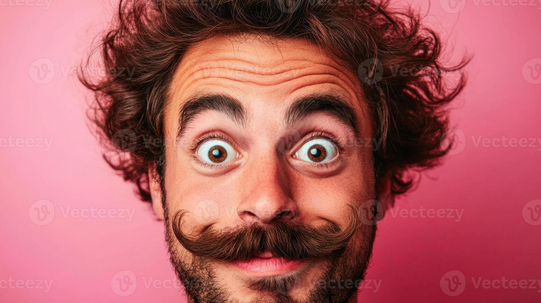 Man with curly hair expresses joy while showcasing a unique mustache against a vibrant pink background during a lively event photo