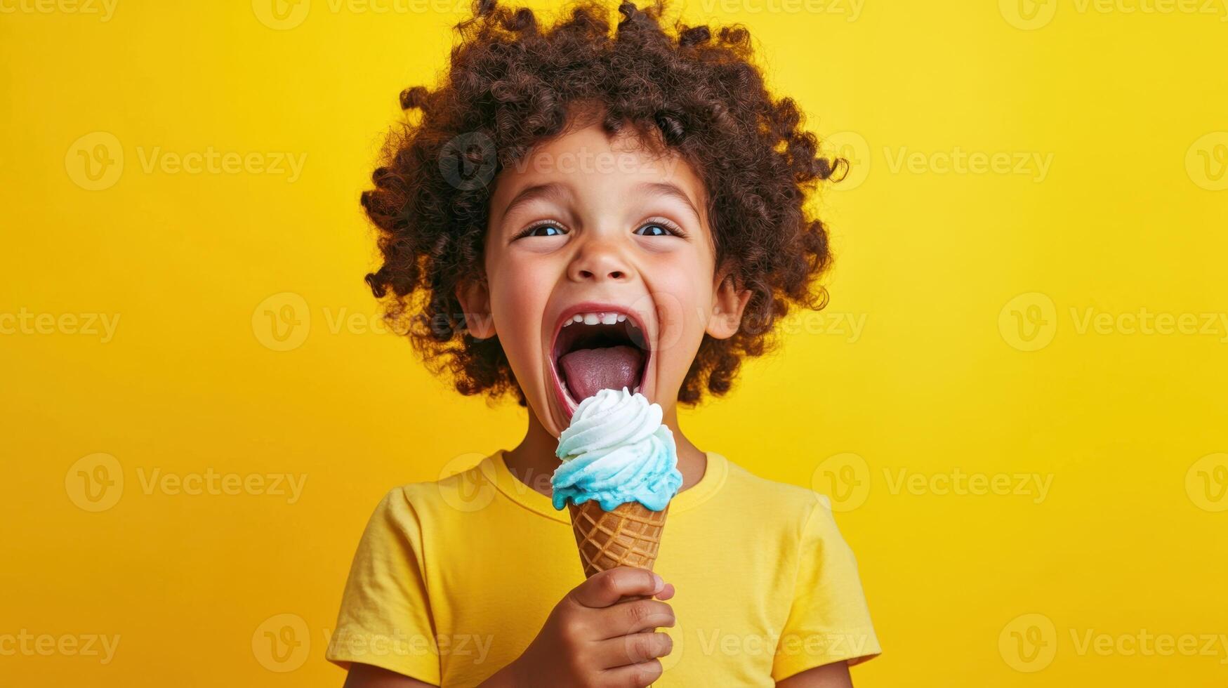 Excited child enjoys colorful ice cream cone against bright yellow background during sunny day in a vibrant park photo