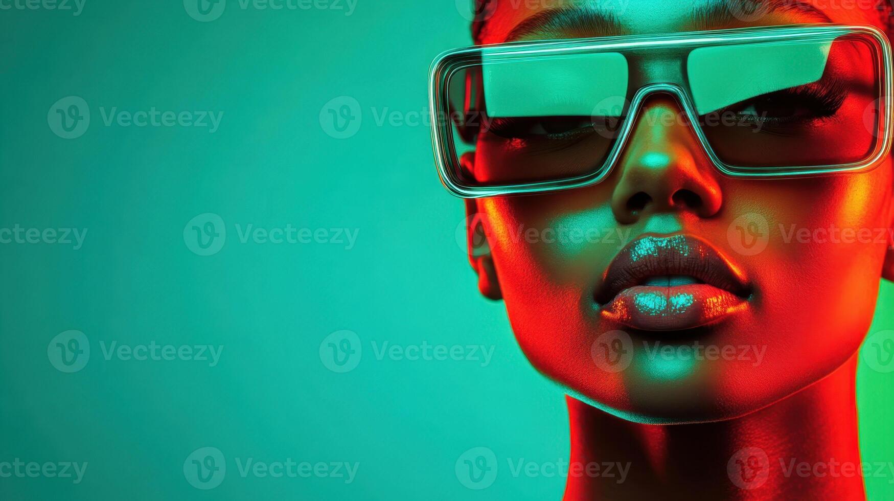 Model poses confidently with stylish oversized sunglasses against a vibrant green and red background, highlighting the interplay of colors and light photo