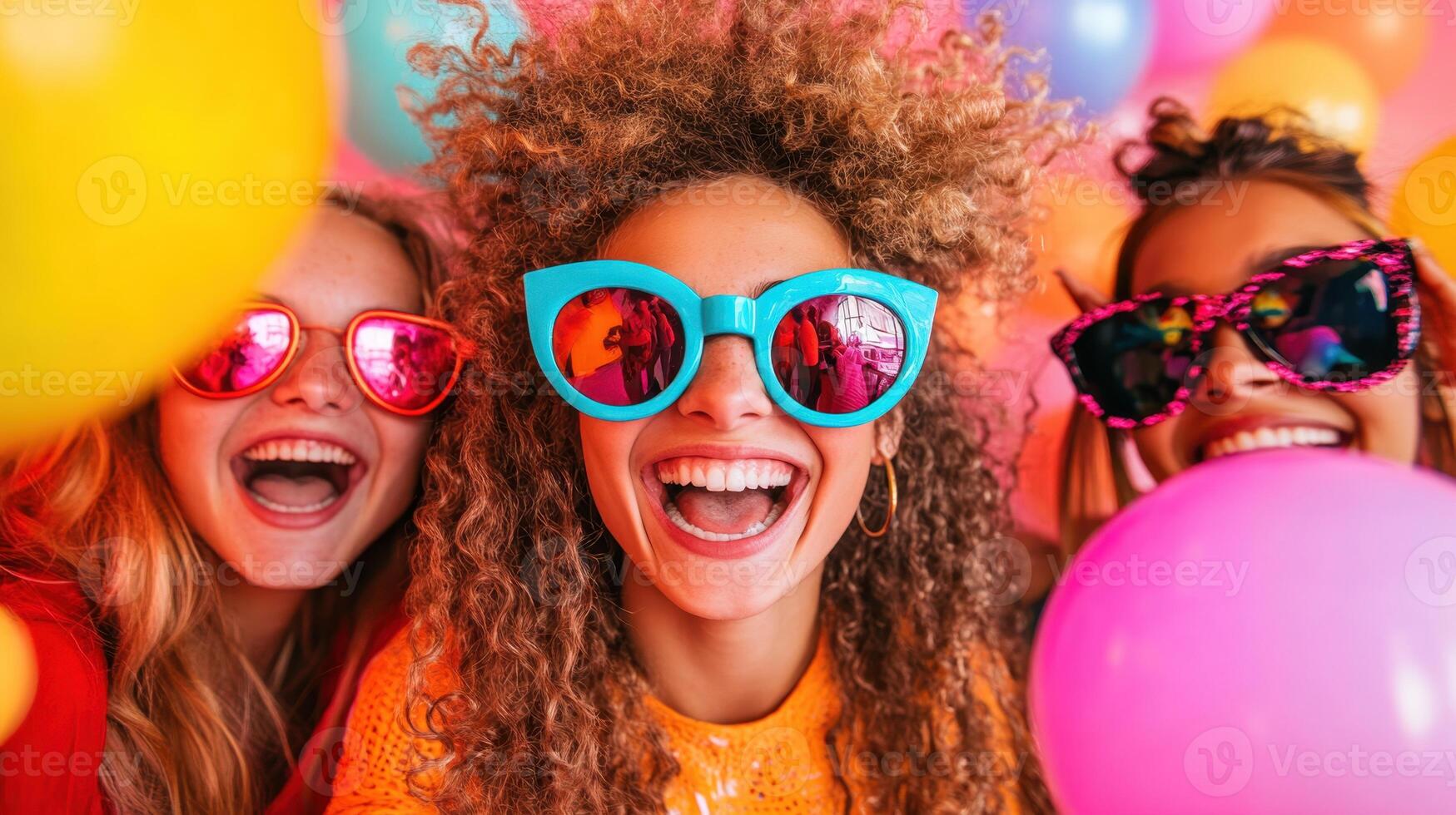 Three friends enjoy a colorful celebration in a vibrant setting filled with balloons and laughter during a joyful gathering or party photo