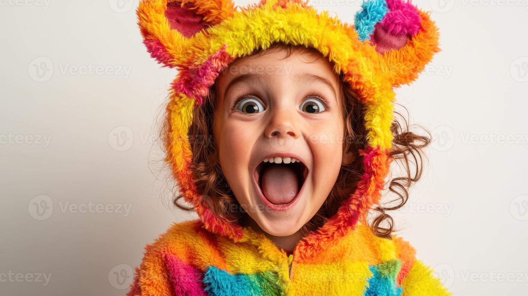 Happy child wearing colorful bear hoodie with joyful expression against plain background photo