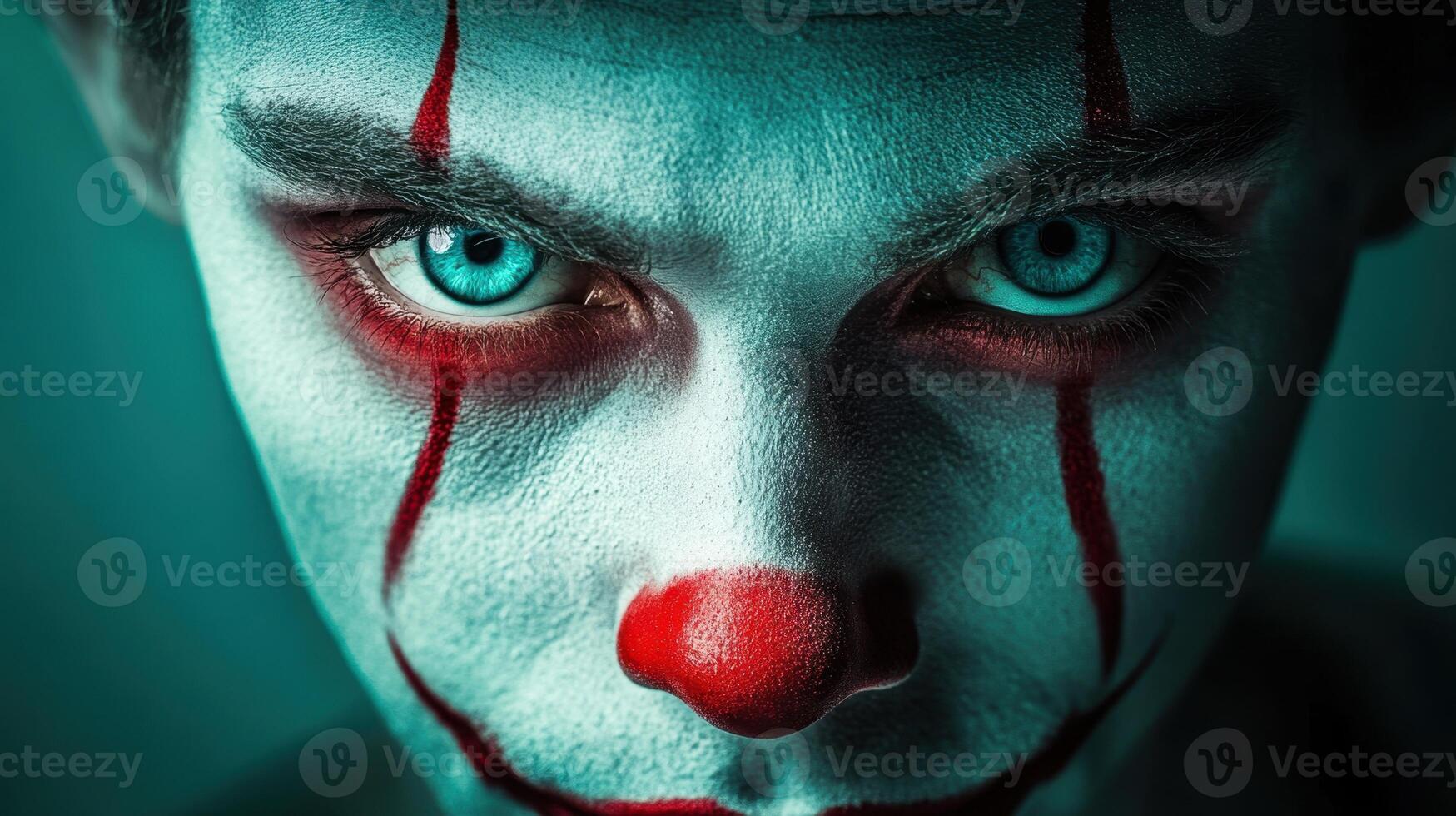 Clown in eerie lighting with striking blue eyes and detailed face paint during an artistic photography session photo