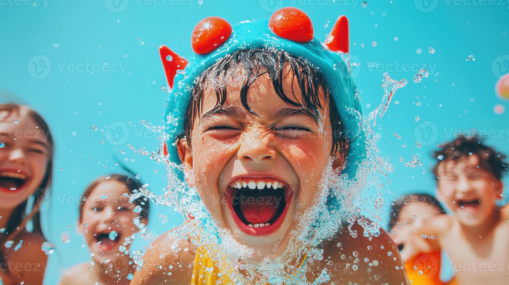 Children enjoy playful water splashes at a summer pool party while wearing colorful hats in a vibrant outdoor setting during bright daylight photo