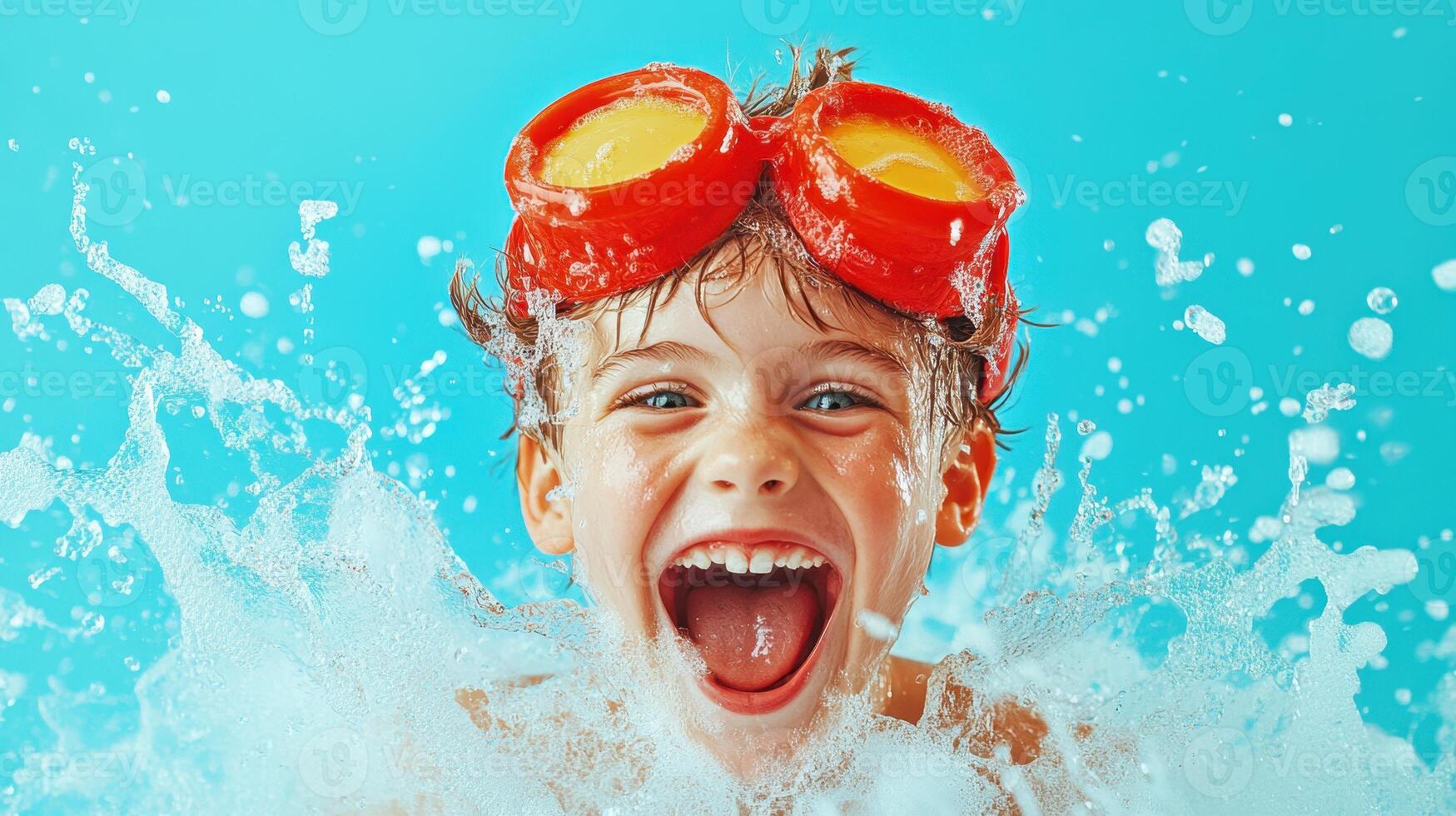 Child laughing joyfully while splashing water in a pool on a sunny day wearing bright orange goggles photo