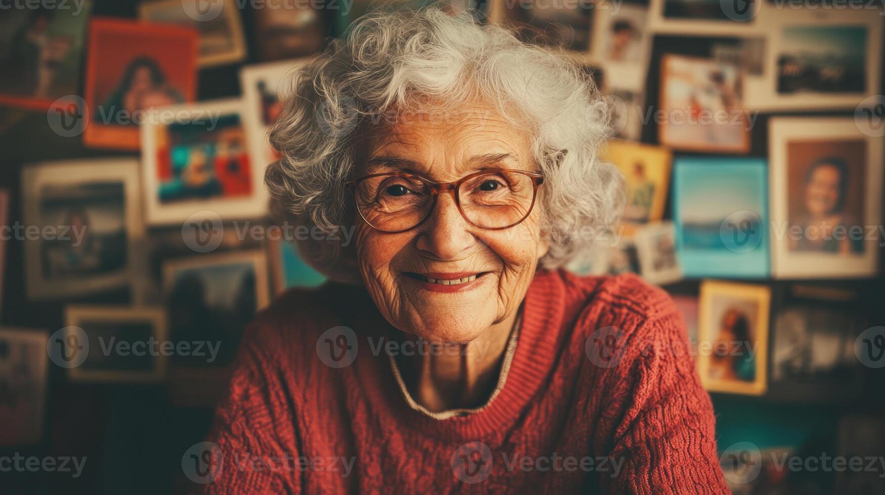 Smiling elderly woman with white curly hair in cozy interior surrounded by colorful photographs and memories photo