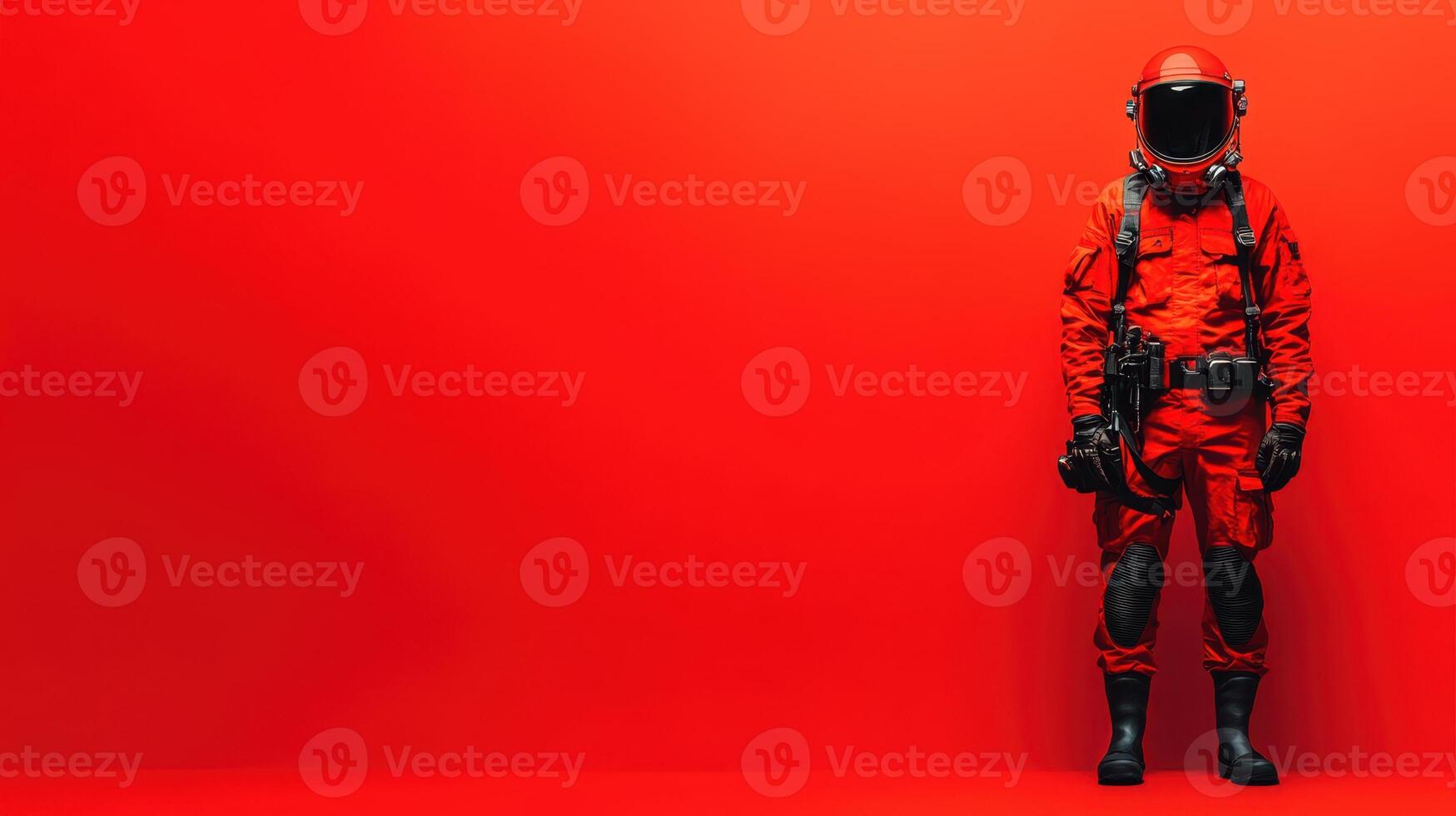 Space explorer stands against vibrant red background while showcasing futuristic space suit in a modern design setting photo