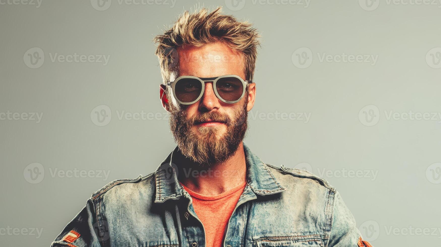 Confident man with stylish sunglasses and rugged denim jacket poses against a neutral backdrop in an indoor setting photo