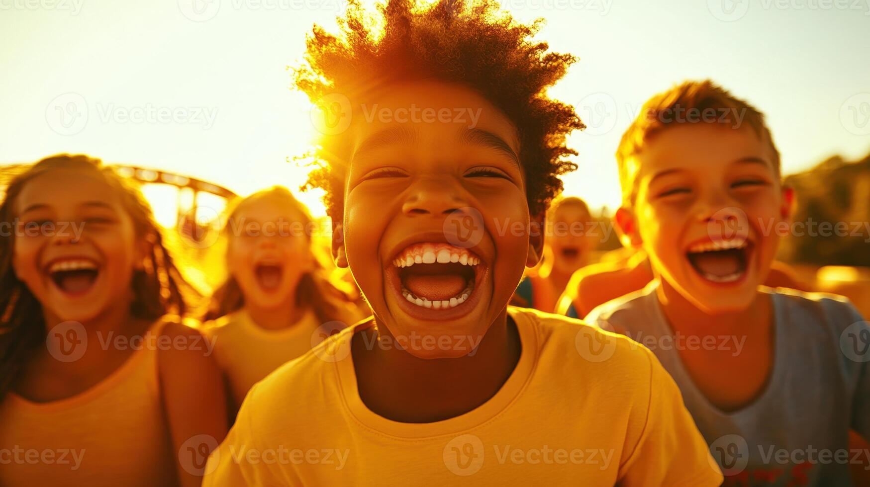 Children laughing joyfully at sunset during a summer day in a park filled with fun activities and friends enjoying each other's company photo