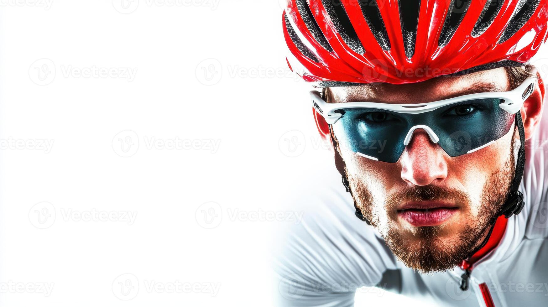 Cyclist focused on competition wearing a red helmet and sunglasses during a biking event in a bright setting photo