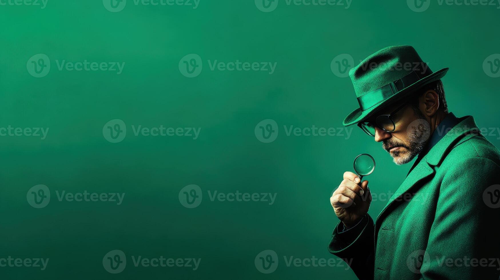 Mysterious man in a green hat and coat examining clues with a magnifying glass against a vibrant green background photo