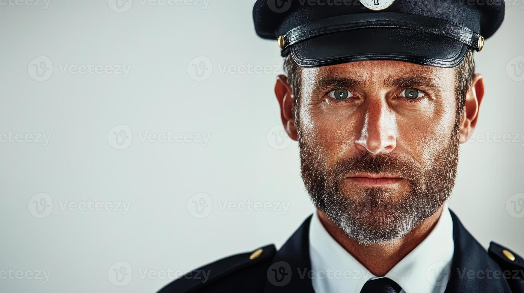 Man in uniform with a serious expression poses for a close-up during a photo shoot in a studio setting, showcasing a professional appearance
