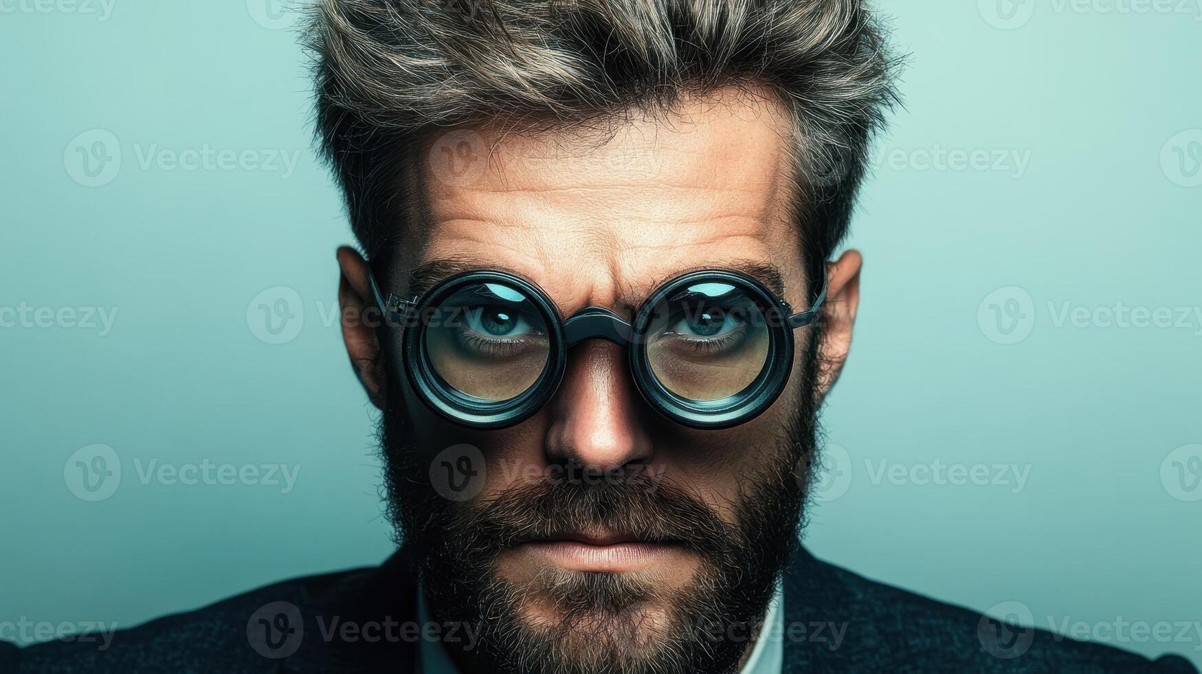 Man with stylish glasses displays an intense expression against a light background, showcasing a unique blend of fashion and personality in a creative portrait setting photo