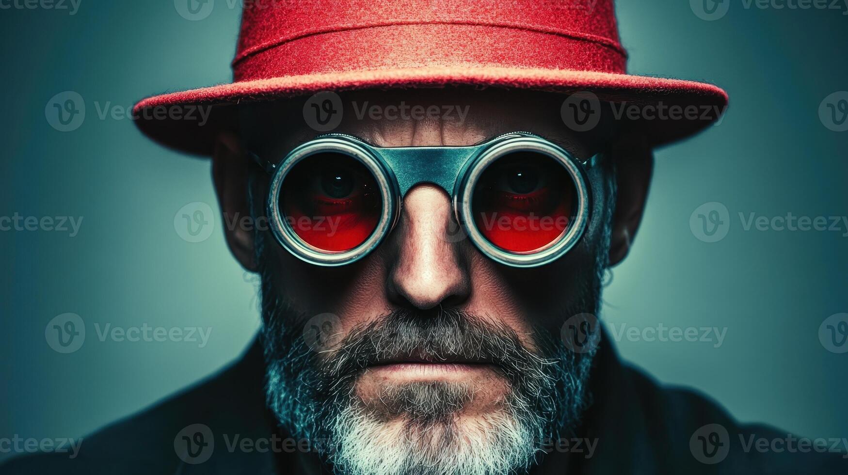Person wearing a red hat and round black glasses with red lenses stares intensely against a dark background in a studio setting photo