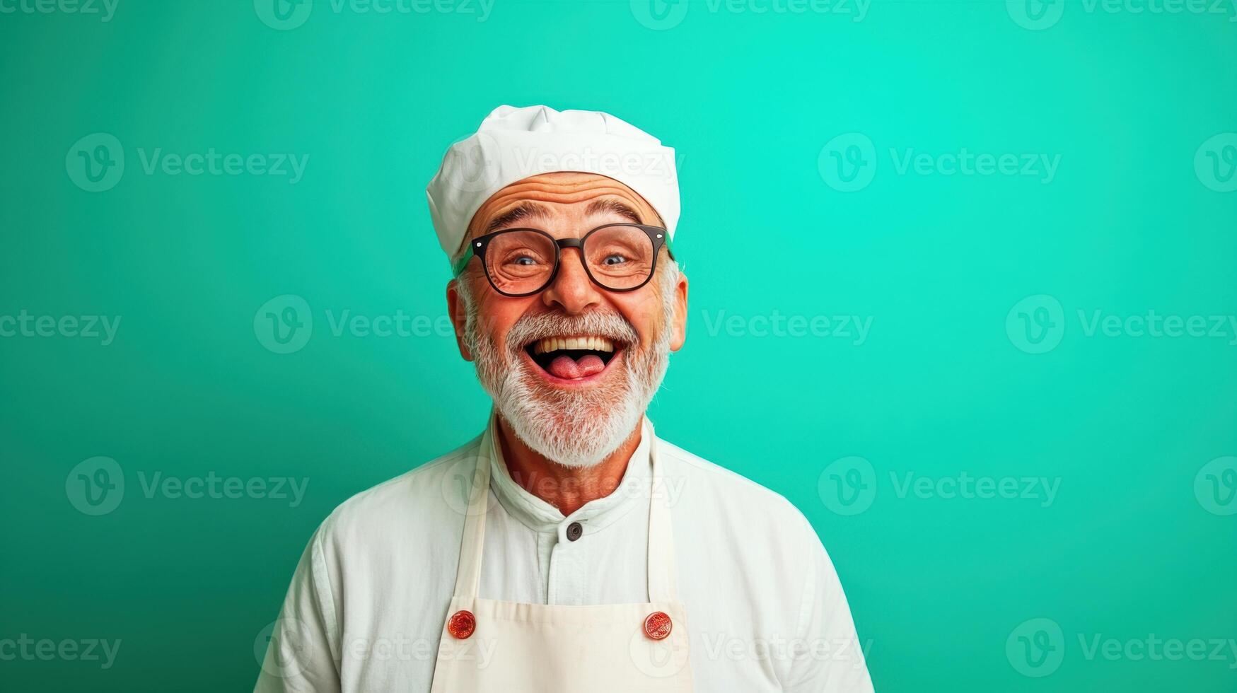 Smiling elderly chef in a white uniform and hat poses joyfully against a vibrant turquoise background, showcasing a cheerful personality in a culinary setting photo
