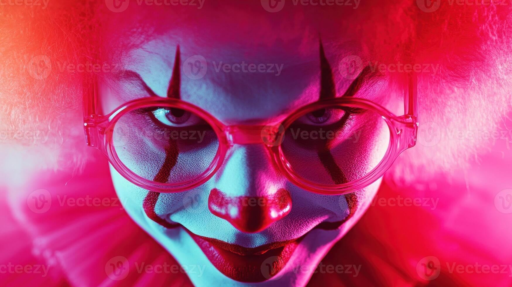 Clown with vivid makeup and colorful lighting at a carnival dressed for performances engaging the audience during nighttime festivities photo