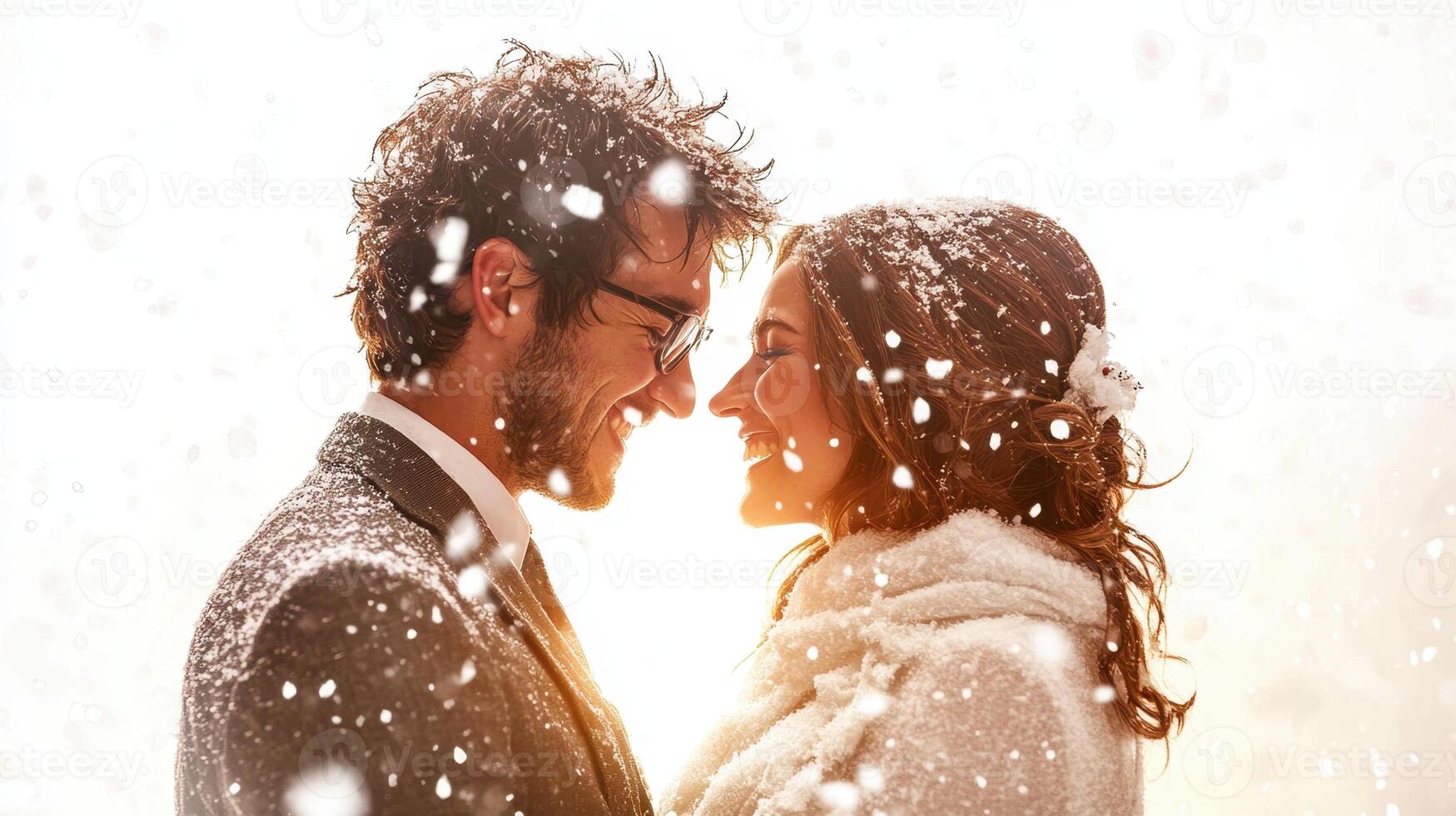 Couple embraces in a snowy landscape during sunset, capturing a moment of love and joy amidst the falling snowflakes in a winter wonderland photo