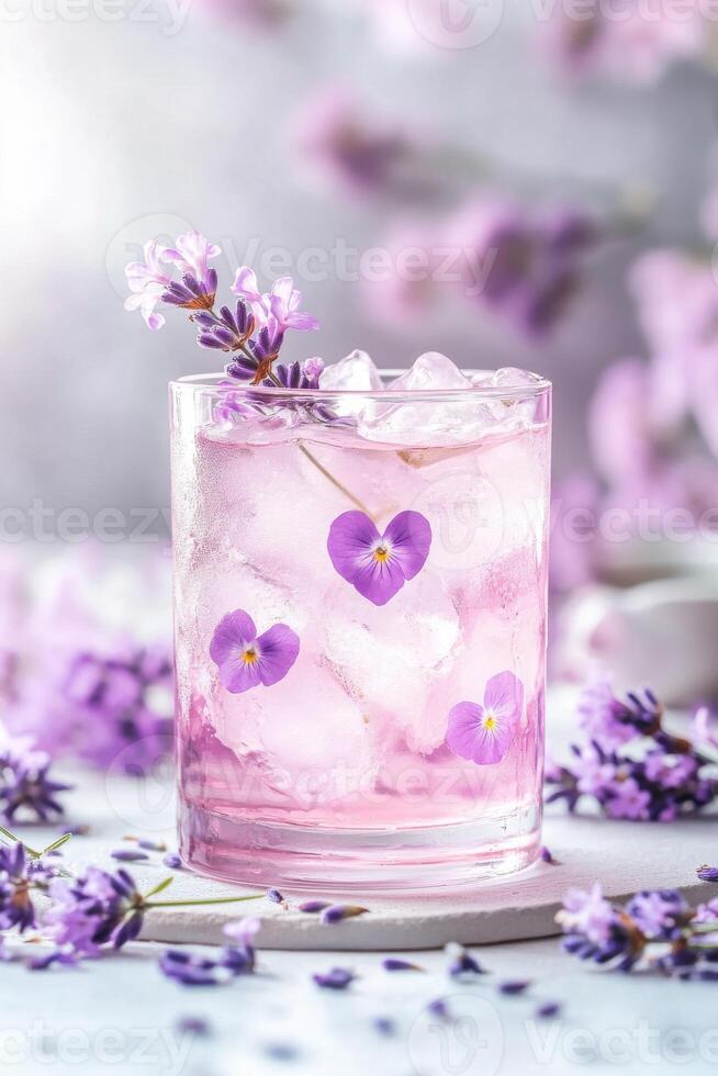 Soothing lavender infused drink with heart-shaped flowers in a relaxing setting photo
