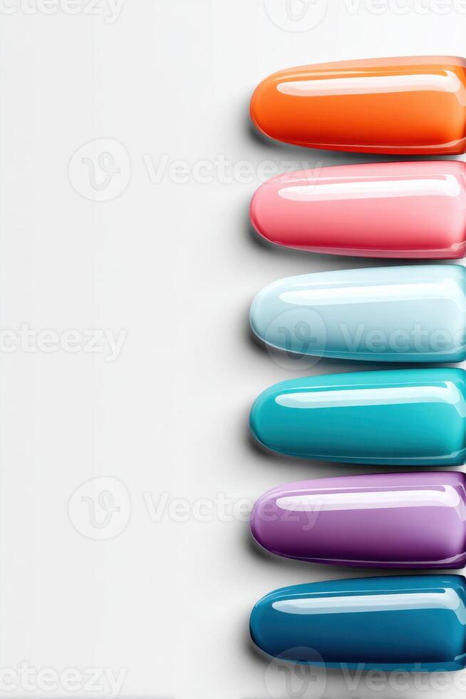 Artistic gel nail polish swatches in vibrant colors on a clean background with plenty of copy space photo