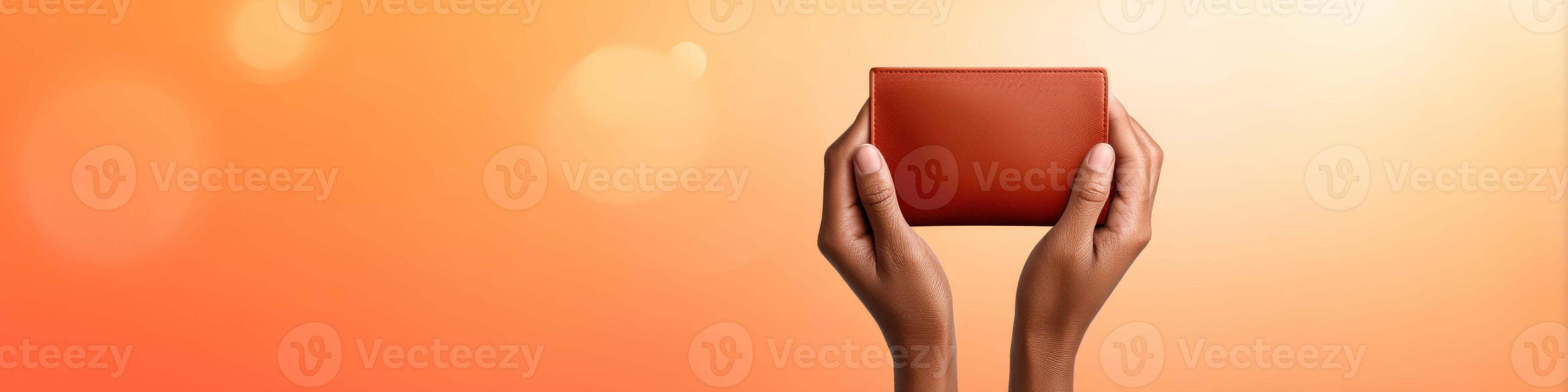 Playful illustration of hands holding a cartoon-style wallet against a vibrant gradient background photo