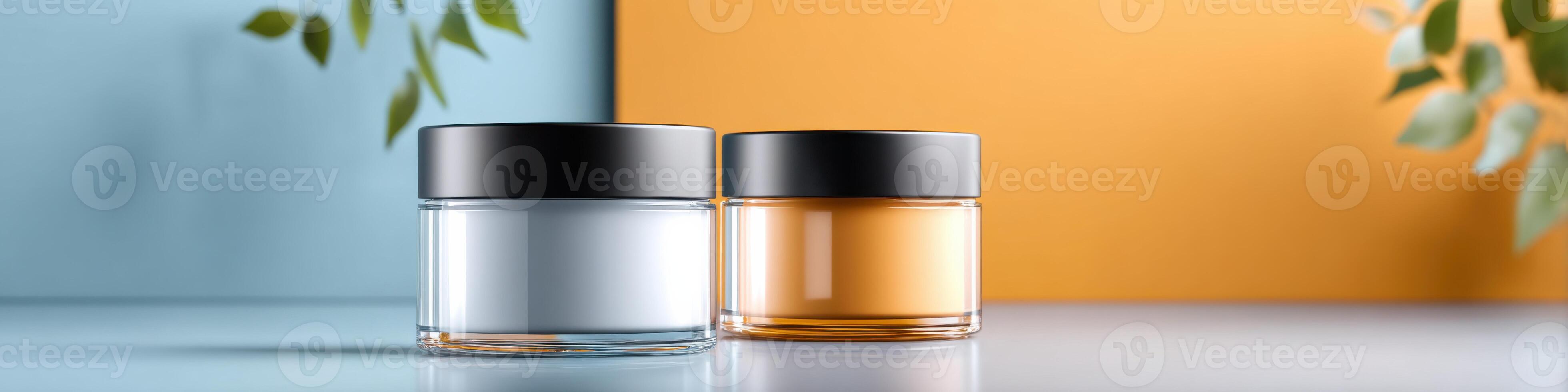 Bright mockup of acne treatment cream jars with vibrant background for advertising purposes photo